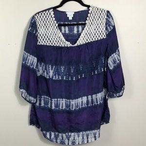 Calypso St.Barth 100%silk blue tie dye with crochet sheer flowy top Size large